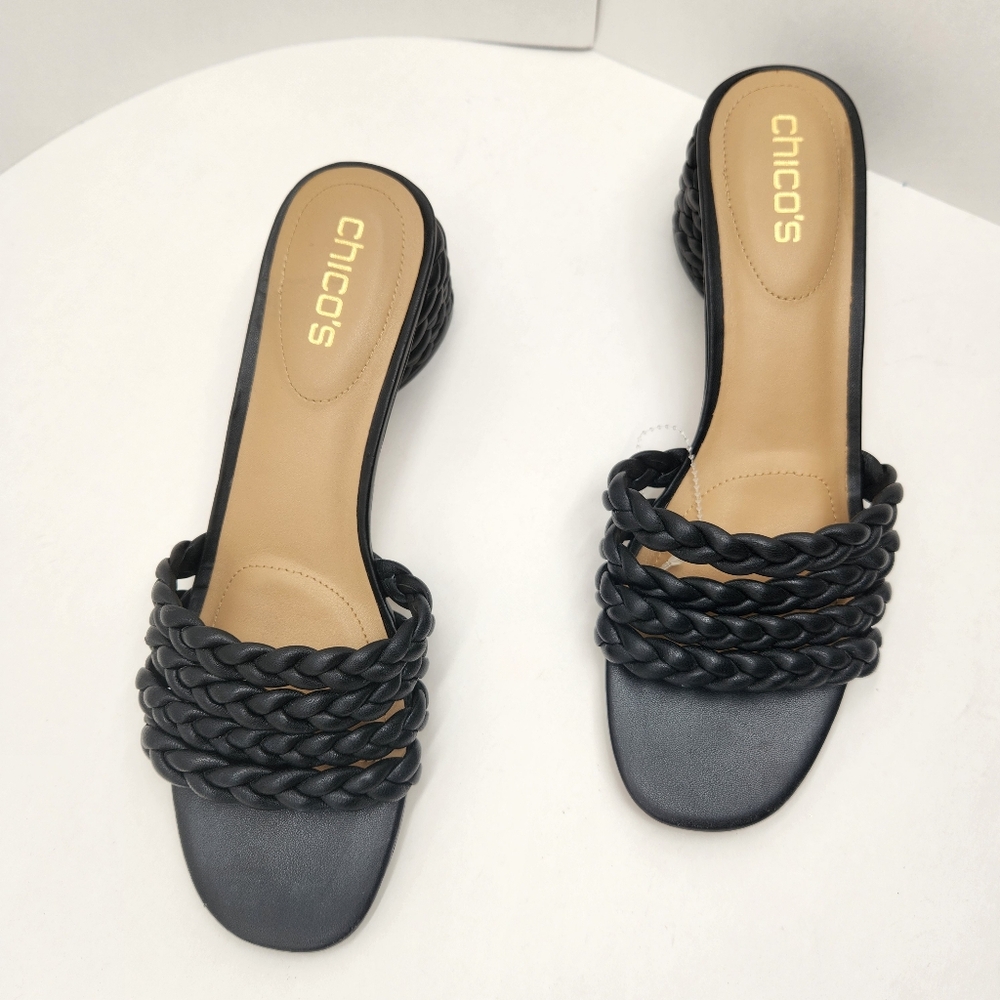 Chico's sandals 9.5 black woven leather Wilow mules chunky braided heel new $130
